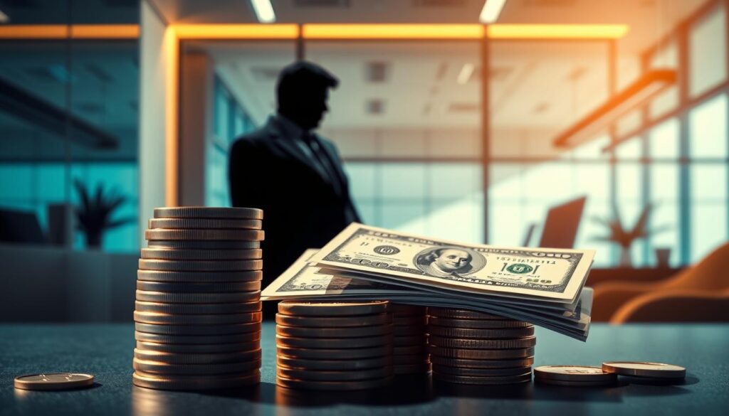 A stunning, detailed illustration of the tax savings benefits of HSA and HRA health plans. In the foreground, a stack of coins and dollar bills, symbolizing the financial advantages. In the middle ground, a silhouetted figure representing a self-employed individual, thoughtfully considering their options. In the background, a modern office setting with sleek, minimalist design elements, creating a professional, authoritative atmosphere. Warm, directional lighting casts subtle shadows, adding depth and dimension. The composition is balanced, with clean lines and a harmonious color palette of blues, grays, and metallic accents. This image effectively conveys the key financial benefits of HSA and HRA plans for self-employed individuals.