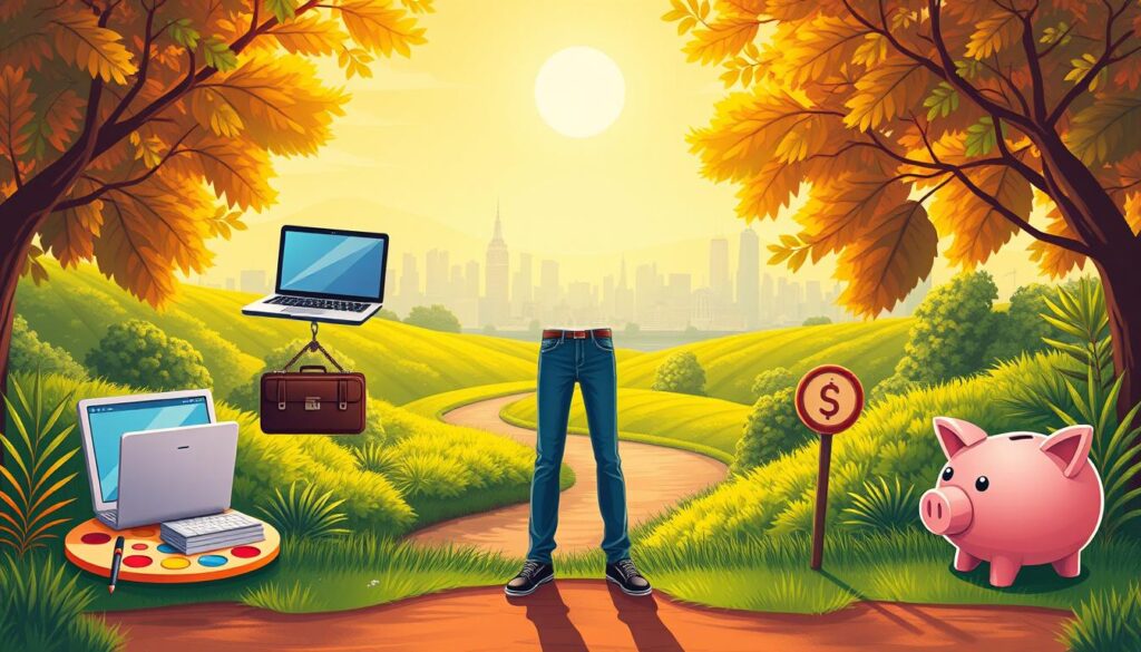 A vibrant, colorful illustration of a freelancer's diverse income streams. In the foreground, a person stands confidently, surrounded by various income sources - a laptop representing online work, a briefcase for consulting, a paint palette for creative projects, and a piggy bank symbolizing passive income. The middle ground features a lush, verdant landscape with a winding path, suggesting the flexibility and freedom of a freelance lifestyle. In the background, a sun-dappled city skyline sets the scene, hinting at the boundless opportunities available to those who diversify their freelance income. Warm, natural lighting and a sense of dynamism pervade the composition, capturing the essence of financial security through a multi-faceted approach to self-employment.