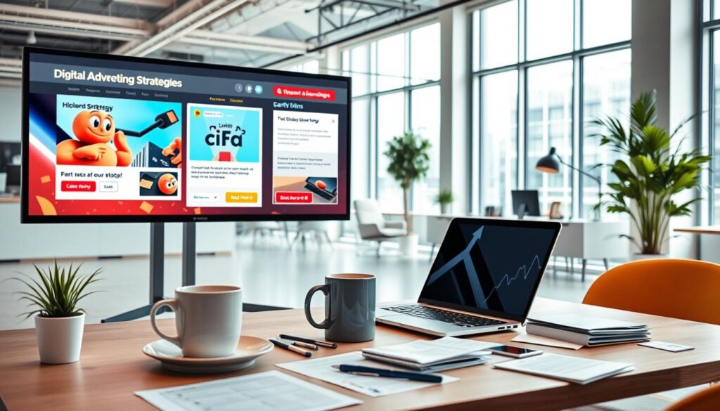 A vibrant display advertising landscape with a focal point showcasing various digital marketing strategies. In the foreground, a large monitor displays interactive ads, with dynamic graphics and call-to-action buttons. The middle ground features a workspace with a laptop, coffee mug, and scattered papers, hinting at the process of campaign planning and optimization. The background is a modern office environment, with clean lines, minimalist decor, and large windows allowing natural light to filter in, creating a professional and productive atmosphere. The overall mood is one of efficiency, innovation, and the seamless integration of digital advertising into a blogging strategy.