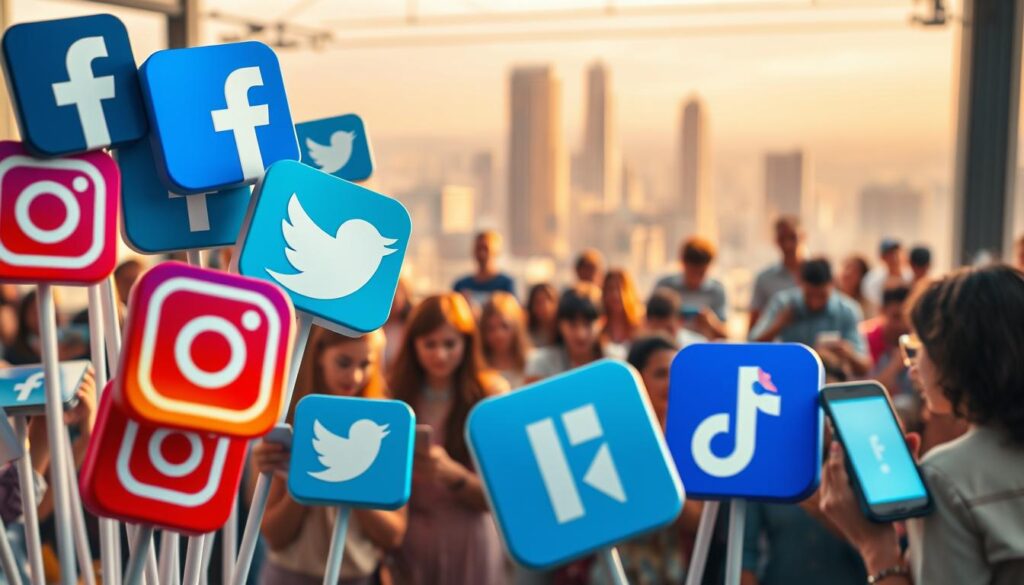 A vibrant, dynamic scene depicting various social media platforms. In the foreground, prominent icons and logos for platforms like Facebook, Instagram, Twitter, LinkedIn, and TikTok are arranged in an eye-catching composition, showcasing their distinct visual identities. The middle ground features a diverse array of users, each engaged with their preferred platform on sleek, modern devices, conveying the wide-ranging appeal and functionality of these digital tools. The background is a softly blurred cityscape, hinting at the global reach and interconnectedness of social media. The lighting is warm and inviting, creating a sense of accessibility and approachability. Captured with a wide-angle lens, the image emphasizes the breadth and depth of the social media landscape.