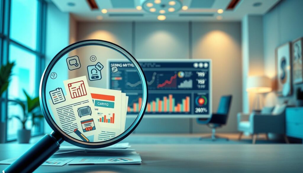 A vibrant, hyperrealistic illustration depicting the debunking of common credit score myths. In the foreground, a magnifying glass hovers over various credit-related documents, symbols, and icons, casting light on misconceptions. The middle ground features a sleek, minimalist dashboard with graphs, charts, and numerical data revealing the truth behind credit scoring. The background is a softly blurred, elegant office setting with modern furnishings, suggesting an authoritative, professional environment. The overall mood is one of clarity, transparency, and the dispelling of financial misinformation through careful analysis and presentation of facts.