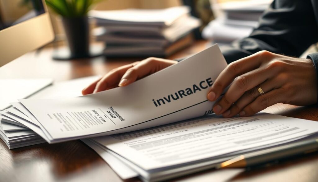 A well-lit, closeup shot of a business person's hands examining health insurance documents and forms on a desk, representing temporary health coverage options. The documents should have a sense of uncertainty and urgency, reflecting the transitional nature of the situation. The background should be slightly blurred, with subtle office elements like a computer monitor or stacks of papers visible, creating a sense of a professional environment. The lighting should be warm and natural, casting soft shadows to convey a sense of contemplation and decision-making. The overall mood should be one of thoughtfulness and the need to explore temporary health solutions.