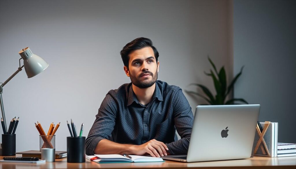 A well-lit, high-resolution photograph of a confident, thoughtful individual sitting at a desk, surrounded by various office supplies and a laptop. The person's expression conveys a sense of deep contemplation, as they ponder the creation of impactful, authoritative content. The scene is set against a minimalist, modern backdrop, with clean lines and a neutral color palette, allowing the subject to be the focal point. The overall atmosphere is one of focus, creativity, and a dedication to building a personal brand through thought leadership.