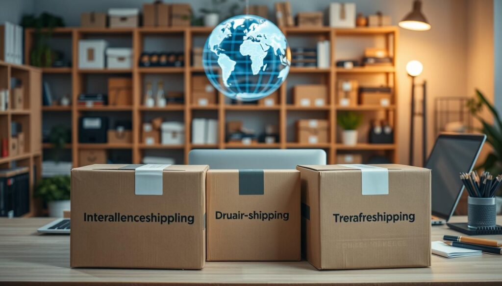 A well-lit office setting with a wooden desk, a laptop, and various office supplies. In the foreground, several cardboard boxes labeled with international shipping logos, representing reliable dropshipping suppliers. The middle ground features a virtual globe, symbolizing the global reach of e-commerce. The background showcases a wall of shelves stocked with various products, hinting at the diverse inventory accessible through trustworthy dropshipping partners. The lighting is soft and warm, creating a professional and organized atmosphere. The overall composition conveys the ease and reliability of finding the right dropshipping suppliers to support a successful online business.