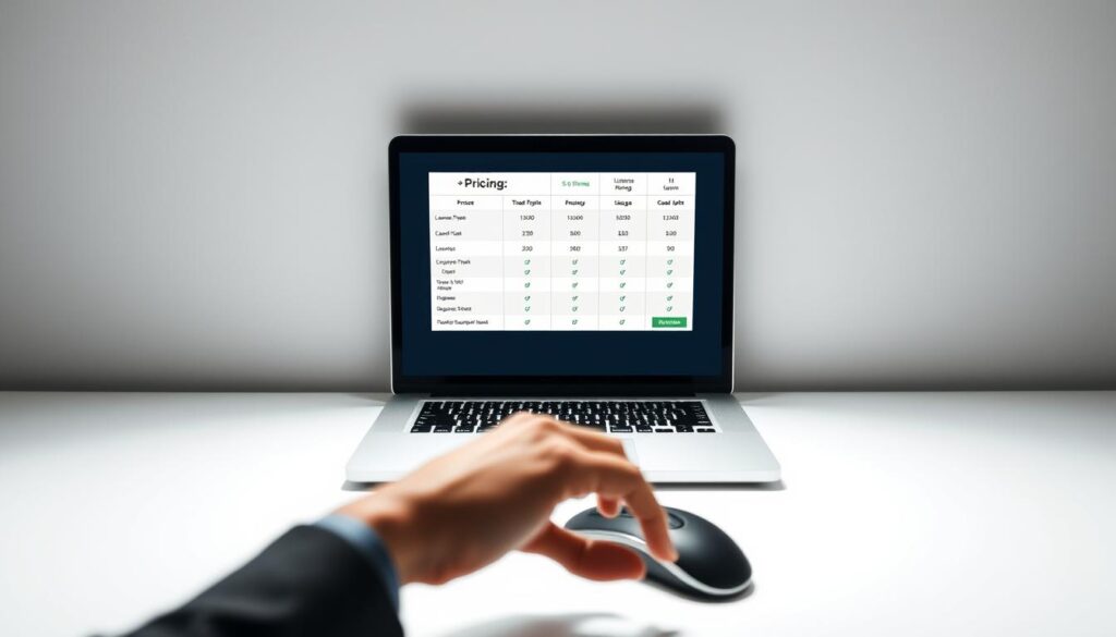 A well-lit overhead view of a stock photo pricing strategy concept, featuring a laptop or desktop computer display showcasing a pricing table or calculator against a clean, minimalist background. The table should display various pricing tiers, license types, and usage rights to convey the complexities of stock photo pricing. In the foreground, a hand hovers over a mouse or keyboard, emphasizing the interactive nature of the pricing process. The lighting should be soft and diffused, creating a professional, business-focused atmosphere. The composition should be balanced and organized, guiding the viewer's eye towards the pricing information on the screen.