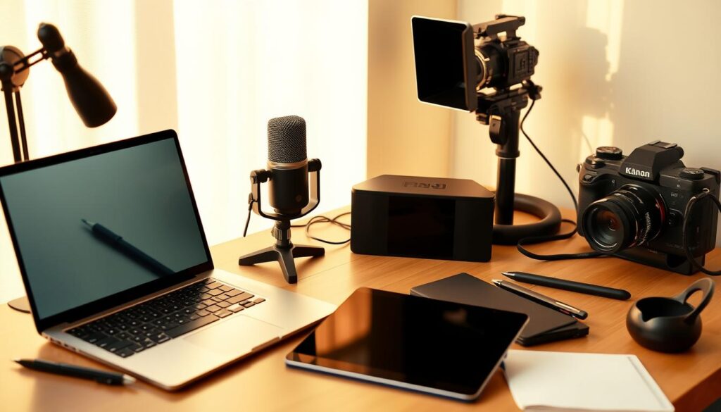 A well-organized workspace with a sleek laptop, a high-quality microphone, a professional camera, and a selection of digital tools like a graphics tablet and stylus. The setup is bathed in warm, natural lighting, creating a cozy and productive atmosphere. The overall scene conveys a sense of focus and efficiency, with each item strategically placed to facilitate the creative process of blogging and content creation. The background is clean and minimalist, allowing the tools to take center stage and emphasize their importance in setting up a successful passive income blog.