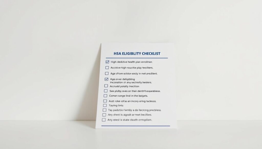 Detailed HSA eligibility checklist rendered with a clean, professional aesthetic. Prominent foreground features a neatly organized checklist of key criteria for opening an HSA, such as high-deductible health plan enrollment, age, income limits, and tax filing status. Middleground has supporting icons and graphical elements to visually reinforce each checklist item. Soft, even lighting illuminates the scene, creating a calm, authoritative atmosphere. Minimalist background in neutral tones provides ample visual breathing room to keep the focus on the core information.