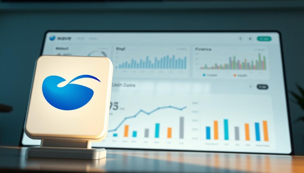Detailed and realistic illustration of the Wave accounting software interface, showcasing its modern and intuitive design. The foreground features the Wave logo prominently displayed, with a clean and minimalist user interface in the background, including various financial charts, graphs, and data visualizations. The lighting is soft and diffused, creating a professional and trustworthy atmosphere. The camera angle is slightly elevated, providing a comprehensive view of the software's capabilities. The overall mood is one of efficiency, organization, and financial control, reflecting the software's purpose as a top-tier accounting tool for freelancers.