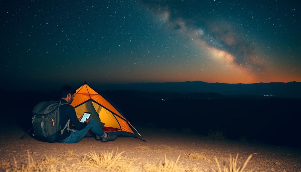 Prompt A serene outdoor scene with a nomadic traveler sitting beneath a starry night sky, contemplating their SafetyWing travel insurance plan on a digital device. The foreground features the traveler's silhouette, backpack, and the soft glow of their screen. The middle ground showcases a cozy, minimalist tent, with the background filled with rolling hills, distant mountains, and a vibrant, celestial night sky. The lighting is a warm, muted tone, creating a sense of calm and reflection. The composition is balanced and visually compelling, highlighting the flexibility and peace of mind that SafetyWing's subscription-based coverage provides digital nomads and frequent travelers.