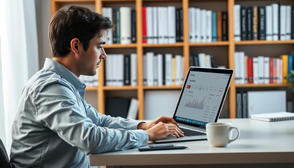 a high-resolution, detailed image of a person sitting at a desk, intently focused on a laptop screen displaying a credit report monitoring dashboard. The lighting is soft and diffused, creating a calming atmosphere. The desk is organized with a pen, paper, and a cup of coffee, suggesting a productive and professional work environment. In the background, there is a bookshelf filled with financial management books, conveying a sense of expertise and knowledge. The overall scene depicts the importance of regularly monitoring one's credit report to maintain a strong financial profile.