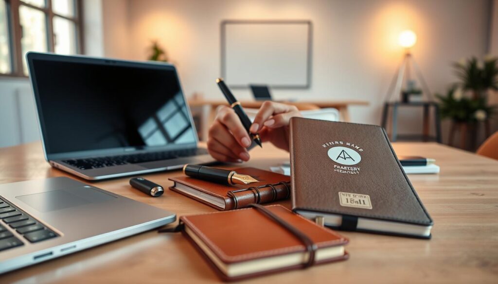 a highly detailed, photorealistic image of a personal brand strategy, captured with a wide-angle lens in a well-lit professional studio setting. The foreground features a variety of modern stationery items - a sleek laptop, a stylish fountain pen, and a leather-bound notebook with a minimalist logo. In the middle ground, a person's hands are artfully arranging these items, suggesting the process of crafting a personal brand. The background showcases a clean, contemporary office environment with warm, diffused lighting, creating a sense of focus and professionalism. The overall mood is one of purposeful, aspirational branding, reflecting the need to establish a strong personal identity in the gig economy.
