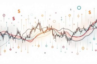 A dynamic stock market chart with fluctuating lines and various financial symbols