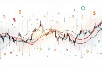 A dynamic stock market chart with fluctuating lines and various financial symbols