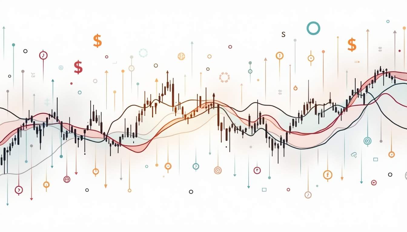 A dynamic stock market chart with fluctuating lines and various financial symbols